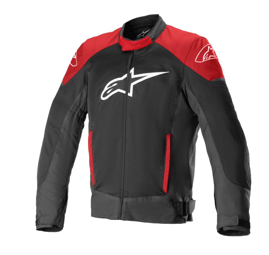 Alpinestars T-SP X Superair Jacke, Motorradjacke, Schwarz und leuchtendes Rot, großes weißes Logo auf der Brust, rote Einsätze an den Schultern und Taschen, technisches Mesh-Gewebe zur Belüftung, sportliche Passform