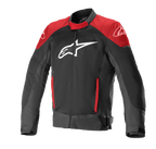 Alpinestars T-SP X Superair Jacke, Motorradjacke, Schwarz und leuchtendes Rot, großes weißes Logo auf der Brust, rote Einsätze an den Schultern und Taschen, technisches Mesh-Gewebe zur Belüftung, sportliche Passform