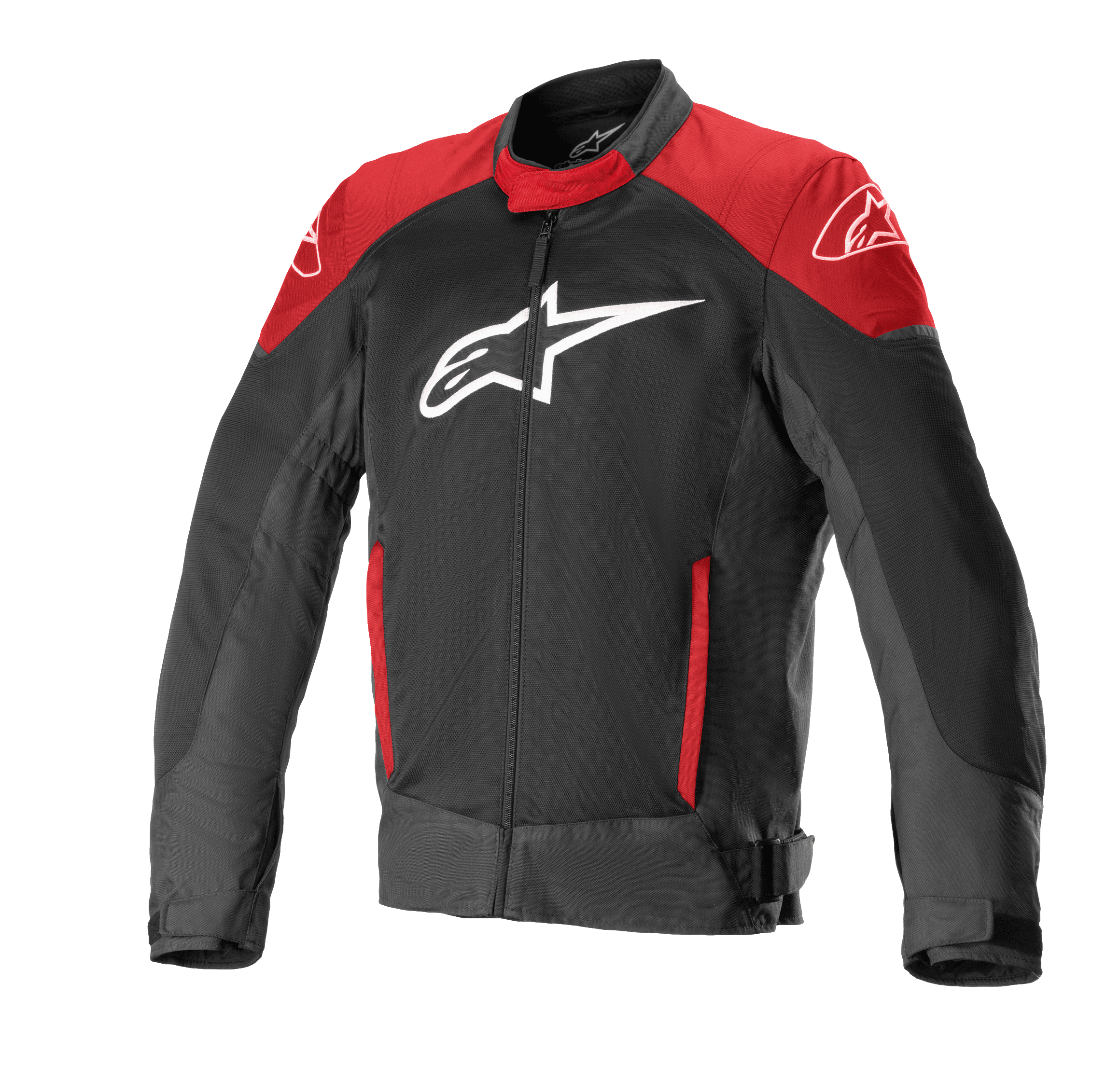 Alpinestars T-SP X Superair Jacke, Motorradjacke, Schwarz und leuchtendes Rot, großes weißes Logo auf der Brust, rote Einsätze an den Schultern und Taschen, technisches Mesh-Gewebe zur Belüftung, sportliche Passform