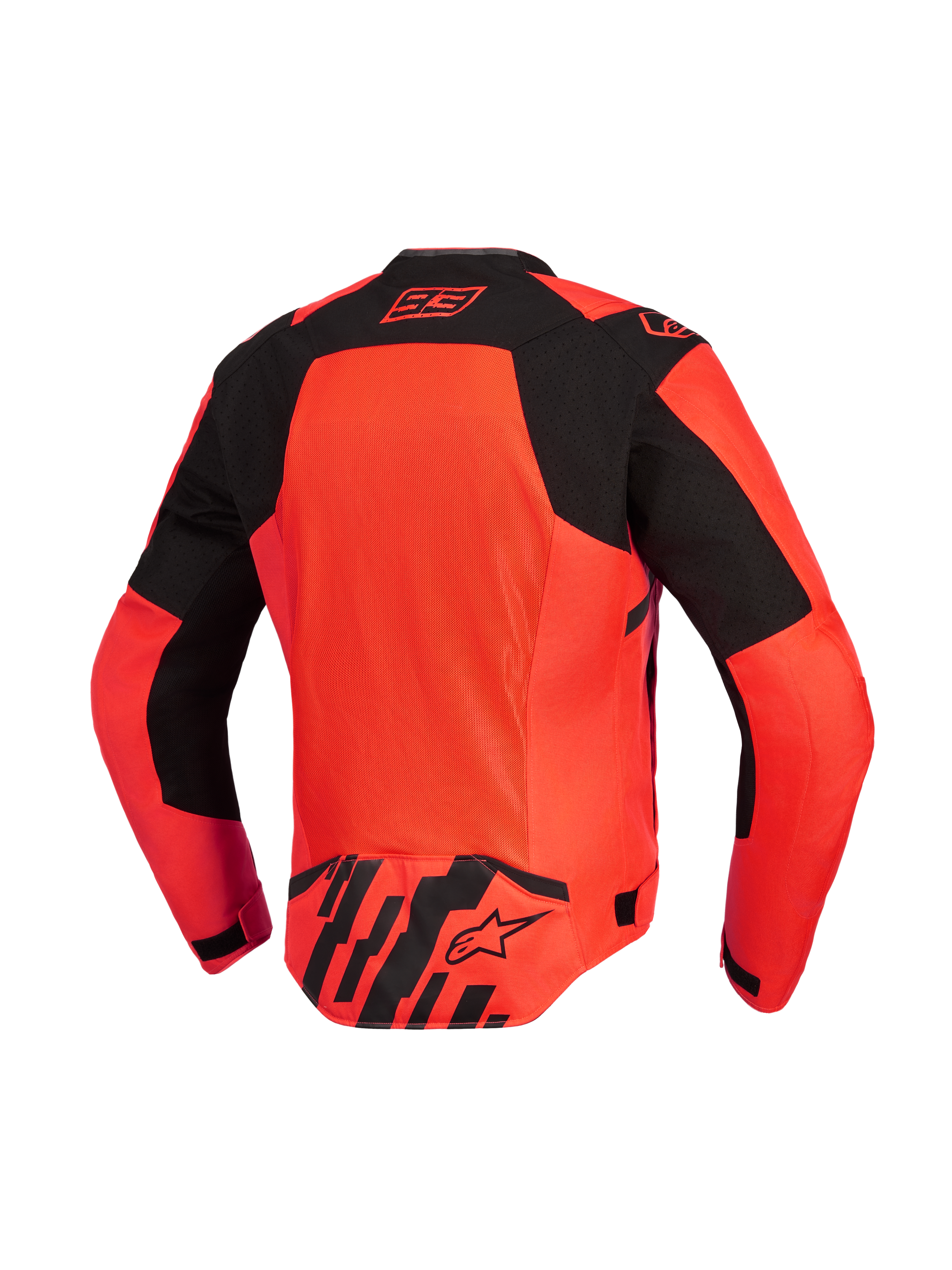 Alpinestars MM93 T-SPS Air V2 Jacke, Rückansicht, Fluoreszierendes Rot und Schwarz, Motorradjacke mit großem Mesh-Belüftungspanel, charakteristisches Marc Marquez 93-Logo am Kragen und Alpinestars-Logo am unteren Rücken