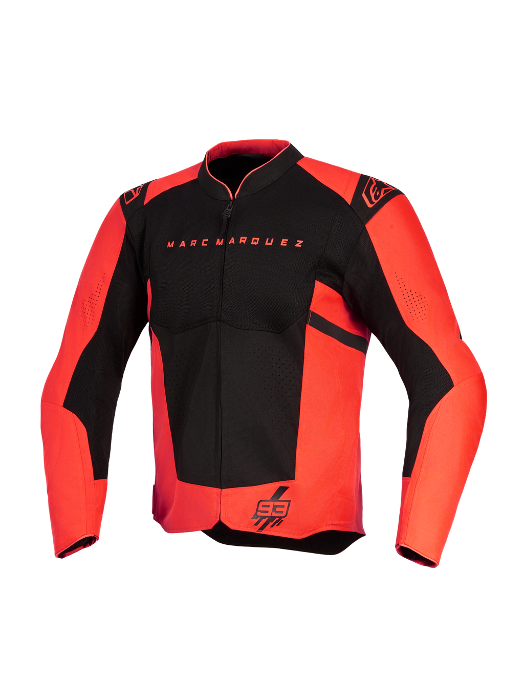 Alpinestars MM93 T-SPS Air V2 Jacke, Motorradjacke, Leuchtrot und Schwarz, mit Marc Marquez-Schriftzug auf der Brust und 93-Logo am Saum, Alpinestars-Schulterlogos, Mesh-Einsätze für optimale Belüftung, sportliches Textildesign