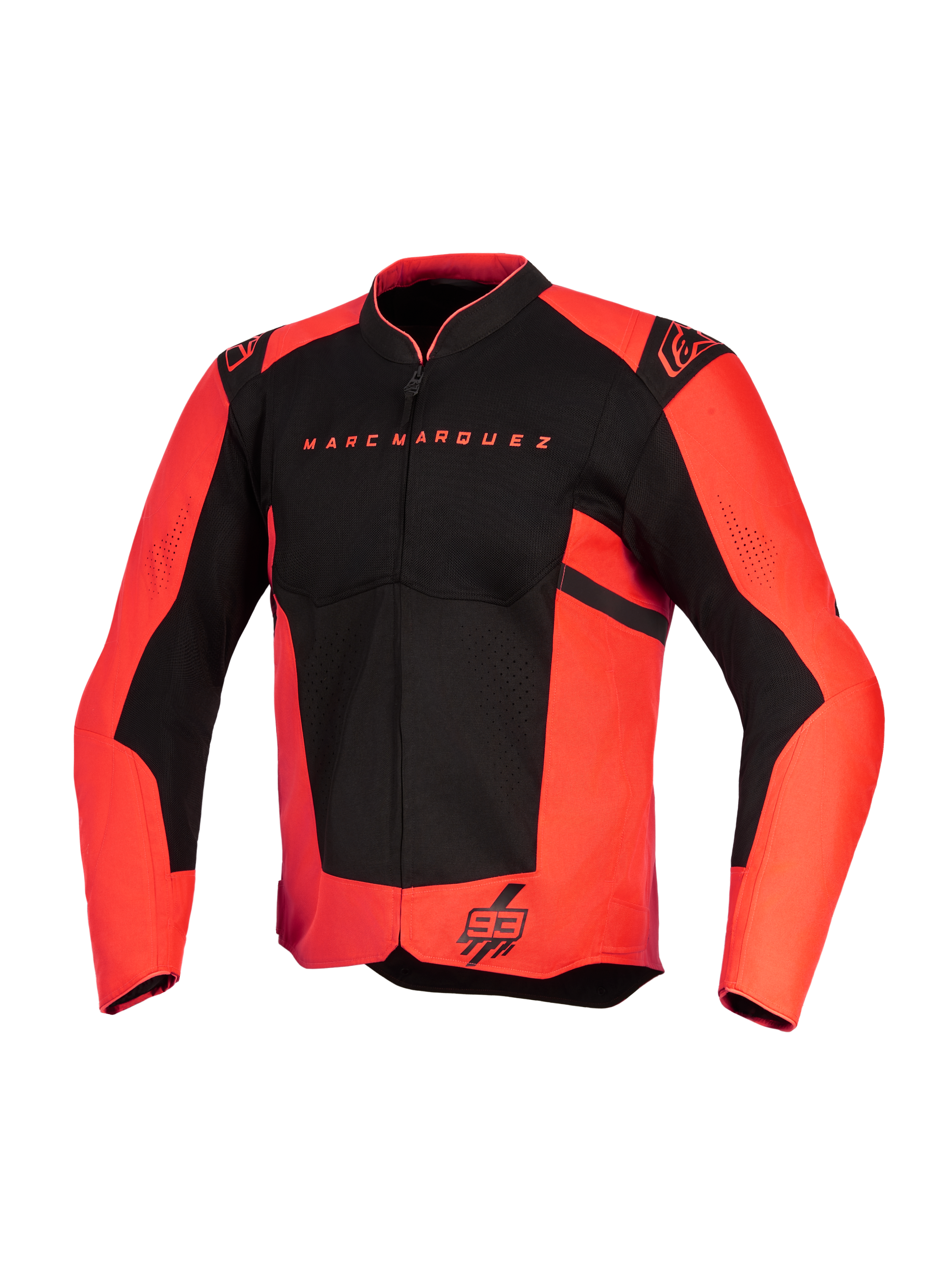 Alpinestars MM93 T-SPS Air V2 Jacke, Motorradjacke, Leuchtrot und Schwarz, mit Marc Marquez-Schriftzug auf der Brust und 93-Logo am Saum, Alpinestars-Schulterlogos, Mesh-Einsätze für optimale Belüftung, sportliches Textildesign