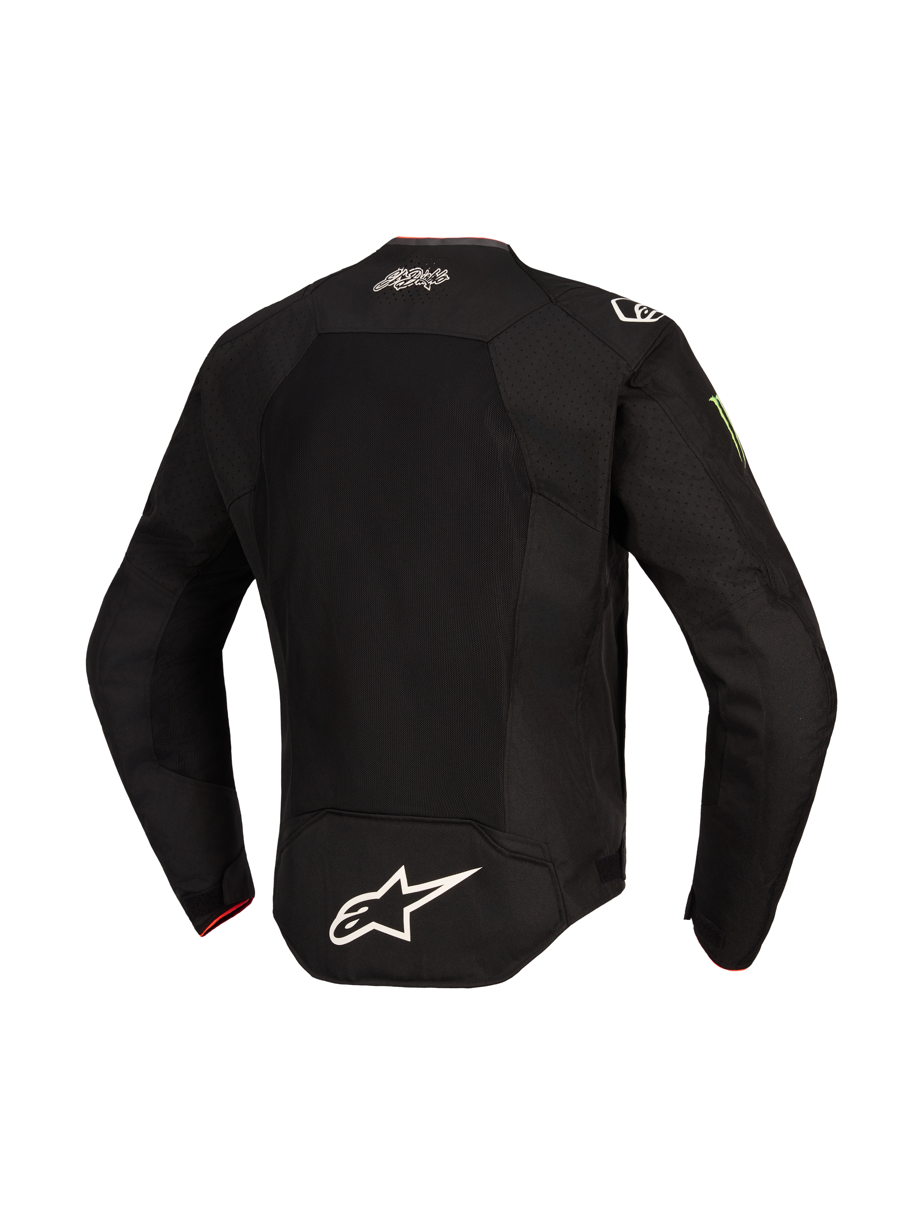 Alpinestars FQ20 T-SPS Air V2 Monster Jacket, back view, Black, featuring a large mesh ventilation panel, white Alpinestars logo on the lower back, El Diablo signature on the upper back, and Monster Energy logo on the sleeve, textile motorcycle jacket for sport riding