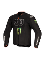 Alpinestars FQ20 T-SPS Air V2 Monster Jacket, Textile Motorcycle Jacket, Black with large white '20' graphic, featuring green Monster Energy claw logos and red trim on collar and cuffs, mesh panels for ventilation, Alpinestars branding on sleeves, performance fit for sport riding.