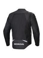 Alpinestars Honda T-SPS Air V2 Jacke, Schwarz, Rückansicht mit großem Mesh-Rückeneinsatz für Luftzirkulation, weißem Honda-Logo am unteren Rücken und Alpinestars-Branding an den Schultern, Textil-Motorradjacke für Fahrten im Sommer