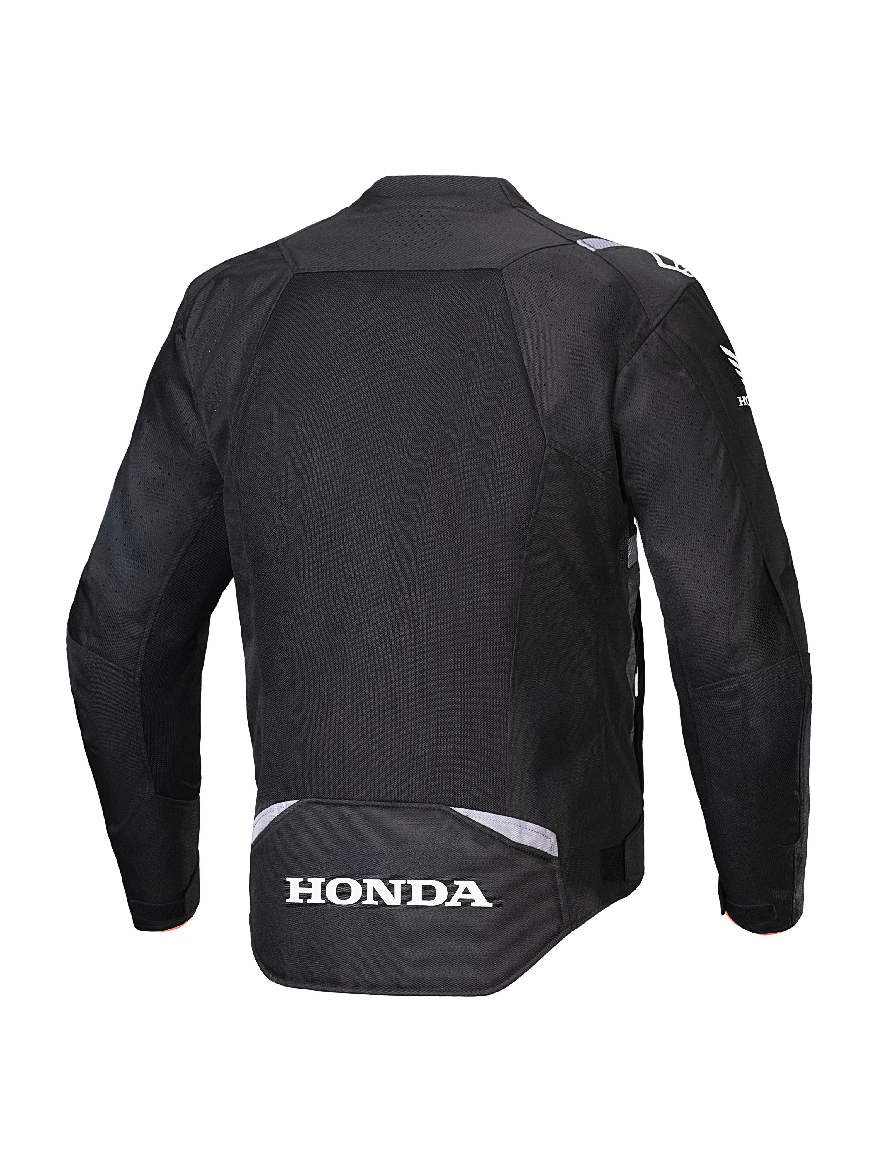 Alpinestars Honda T-SPS Air V2 Jacke, Schwarz, Rückansicht mit großem Mesh-Rückeneinsatz für Luftzirkulation, weißem Honda-Logo am unteren Rücken und Alpinestars-Branding an den Schultern, Textil-Motorradjacke für Fahrten im Sommer
