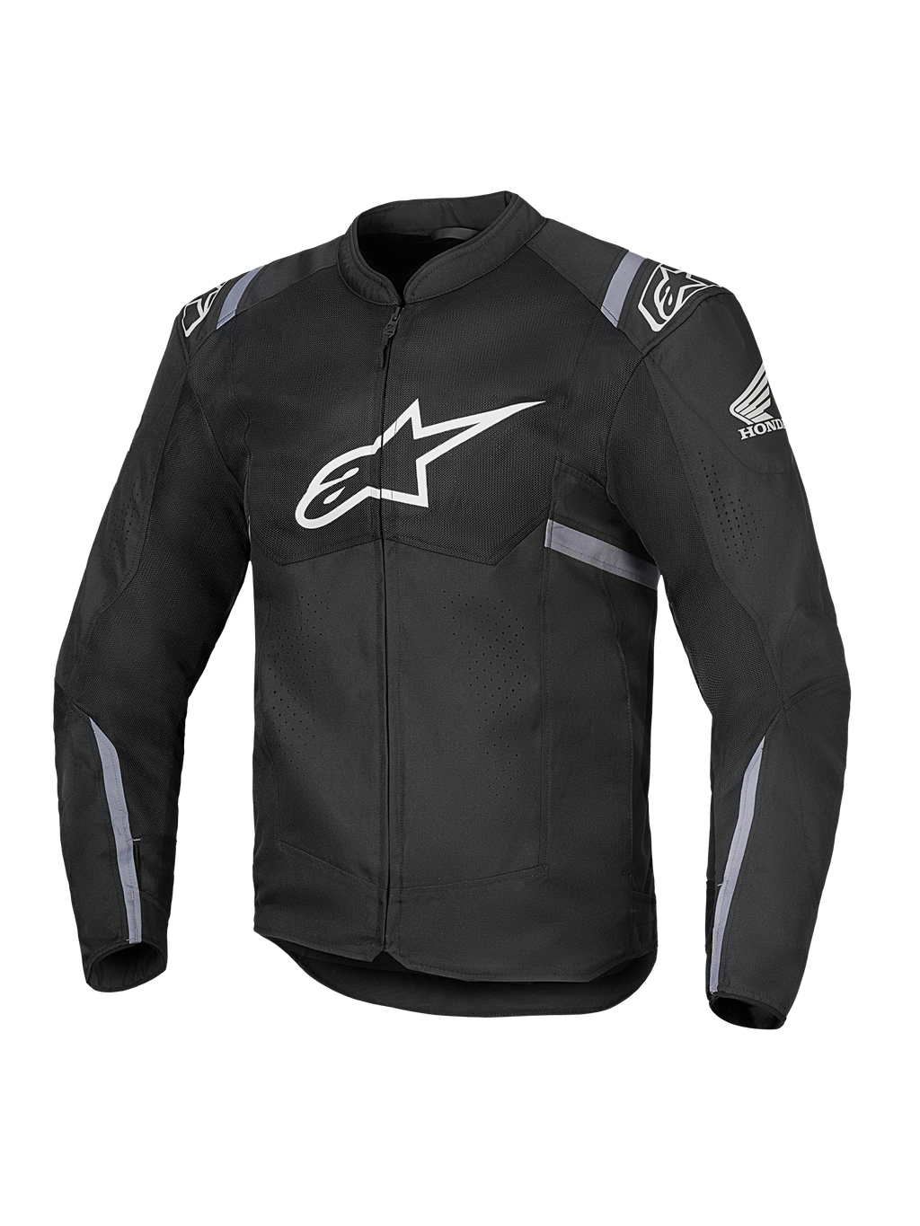 Alpinestars Honda T-SPS Air V2 Jacke, schwarze Textil-Motorradjacke mit großem weißen Alpinestars-Logo auf der Brust und Honda-Flügel-Logo am Ärmel, perforierte Mesh-Einsätze für Atmungsaktivität, graue reflektierende Streifen an Ärmeln und Taille, Frontreißverschluss.