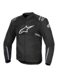 Alpinestars Honda T-SPS Air V2 Jacke, schwarze Textil-Motorradjacke mit großem weißen Alpinestars-Logo auf der Brust und Honda-Flügel-Logo am Ärmel, perforierte Mesh-Einsätze für Atmungsaktivität, graue reflektierende Streifen an Ärmeln und Taille, Frontreißverschluss.