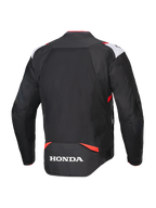 Alpinestars Honda T-SPS Air V2 Jacke, Textil-Motorradjacke, Schwarz, Weiß und leuchtendes Rot, Rückansicht mit großem Mesh-Panel für Luftzirkulation und weißem Honda-Logo auf dem unteren Rücken, sportliches Design für sommerliche Stadtfahrten
