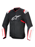 Alpinestars Honda T-SPS Air V2 Jacke, Motorrad-Textiljacke, Schwarz mit weißen und leuchtend roten Akzenten, belüftete Tech-Mesh-Einsätze, Alpinestars-Logo auf der Brust und rotes Honda-Branding auf den Ärmeln, sportliches urbanes Design für optimale Belüftung