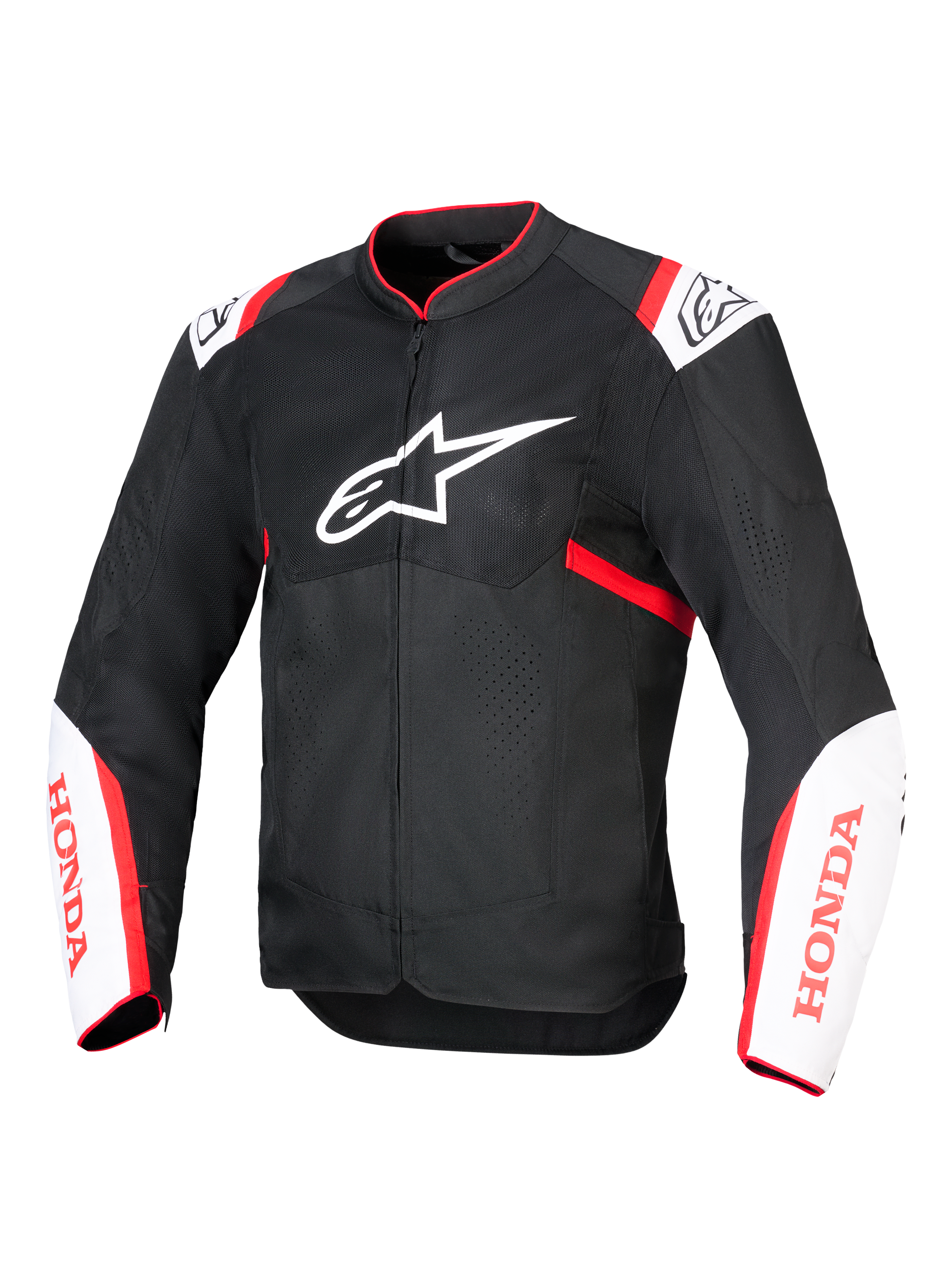 Alpinestars Honda T-SPS Air V2 Jacke, Motorrad-Textiljacke, Schwarz mit weißen und leuchtend roten Akzenten, belüftete Tech-Mesh-Einsätze, Alpinestars-Logo auf der Brust und rotes Honda-Branding auf den Ärmeln, sportliches urbanes Design für optimale Belüftung