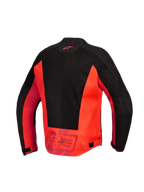 Alpinestars MM93 C-1 Air Jacke, Rückansicht, Rot Fluo und Schwarz, Textil-Motorradjacke mit großen Tech-Mesh-Einsätzen, Alpinestars-Logo auf dem oberen Rücken und „MM93 Marc Marquez“-Branding auf dem unteren Rücken, verstellbare Taillenriegel