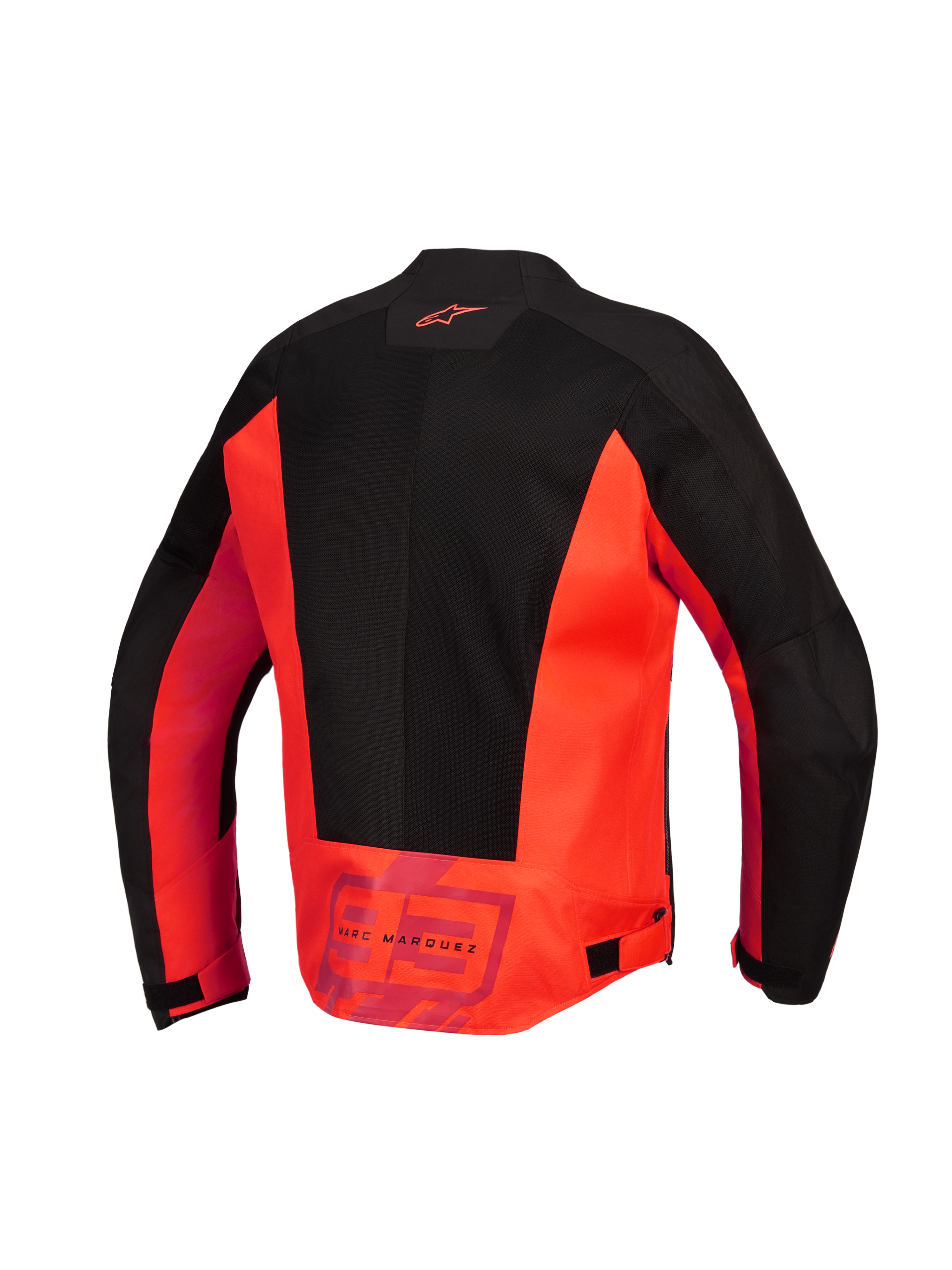 Alpinestars MM93 C-1 Air Jacke, Rückansicht, Rot Fluo und Schwarz, Textil-Motorradjacke mit großen Tech-Mesh-Einsätzen, Alpinestars-Logo auf dem oberen Rücken und „MM93 Marc Marquez“-Branding auf dem unteren Rücken, verstellbare Taillenriegel