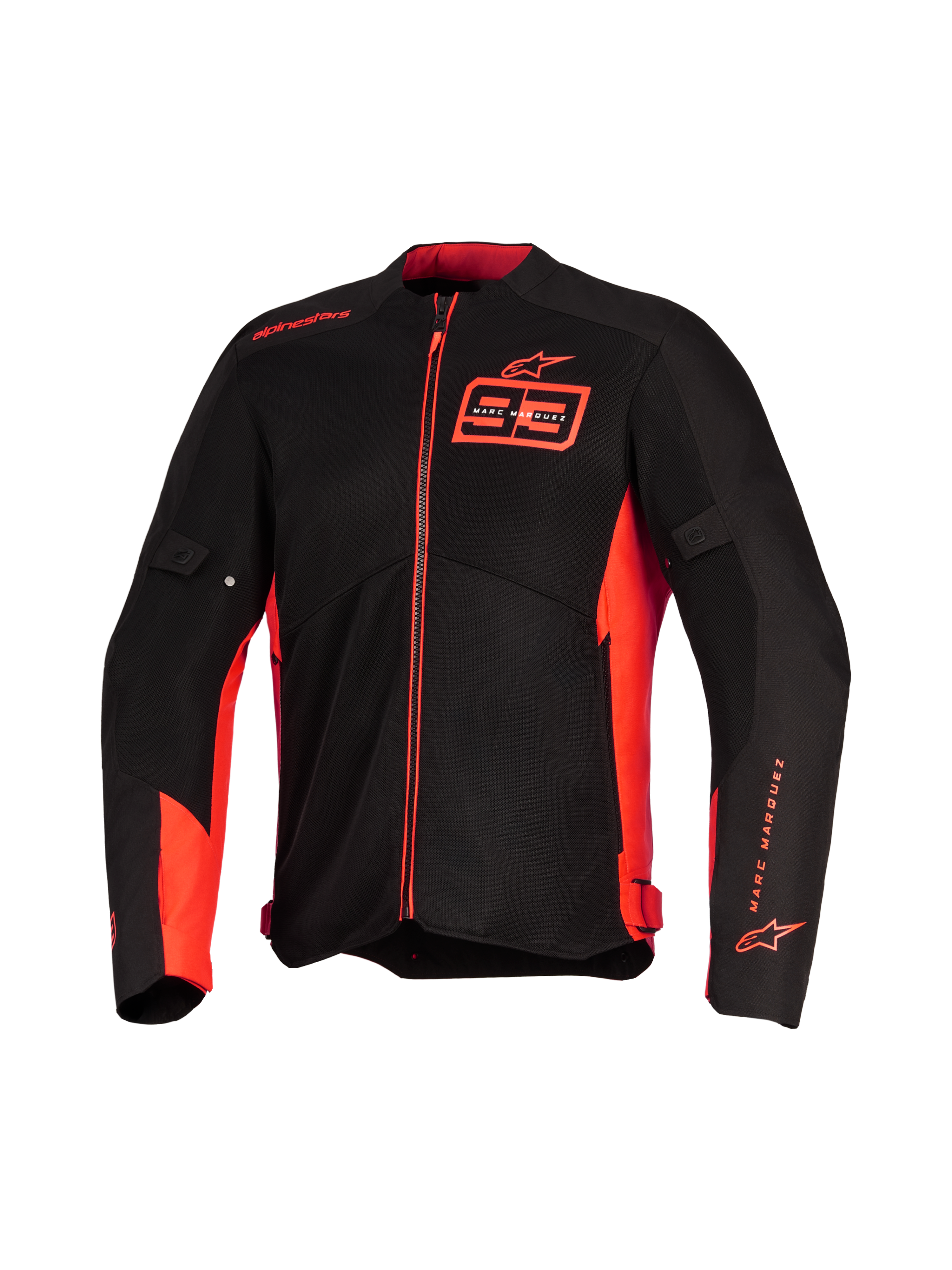 Alpinestars MM93 C-1 Air Jacke, Motorradjacke, Red Fluo Bright Red und Schwarz, mit Marc Marquez 93 Branding auf der Brust und am Ärmel, technische Mesh-Einsätze für Luftzirkulation, schlankes urbanes Design
