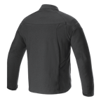 Alpinestars Aeron Jacke, Motorradjacke, Schwarz, Rückansicht mit einer minimalistischen urbanen Silhouette, Konstruktion aus atmungsaktivem Full-Stretch-Poly-Gewebe, dezentes geprägtes Logo auf der Schulter, Sommer-Fahrausrüstung.