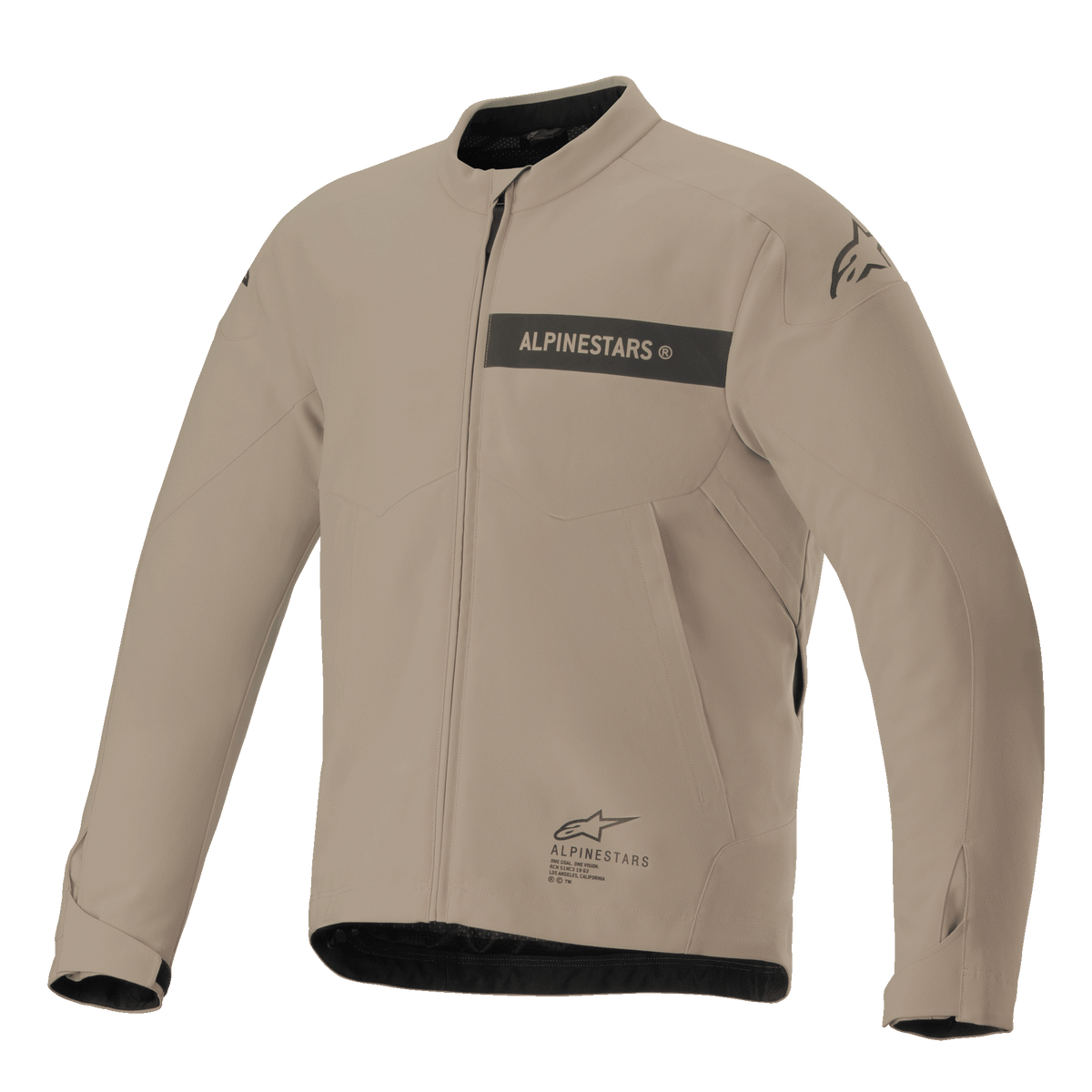 Alpinestars Aeron Jacke, Urban-Motorradjacke, Tan und Schwarz, minimalistische Textilkonstruktion mit Logo-Bruststreifen, Frontreißverschluss und verstellbaren Ärmelbündchen