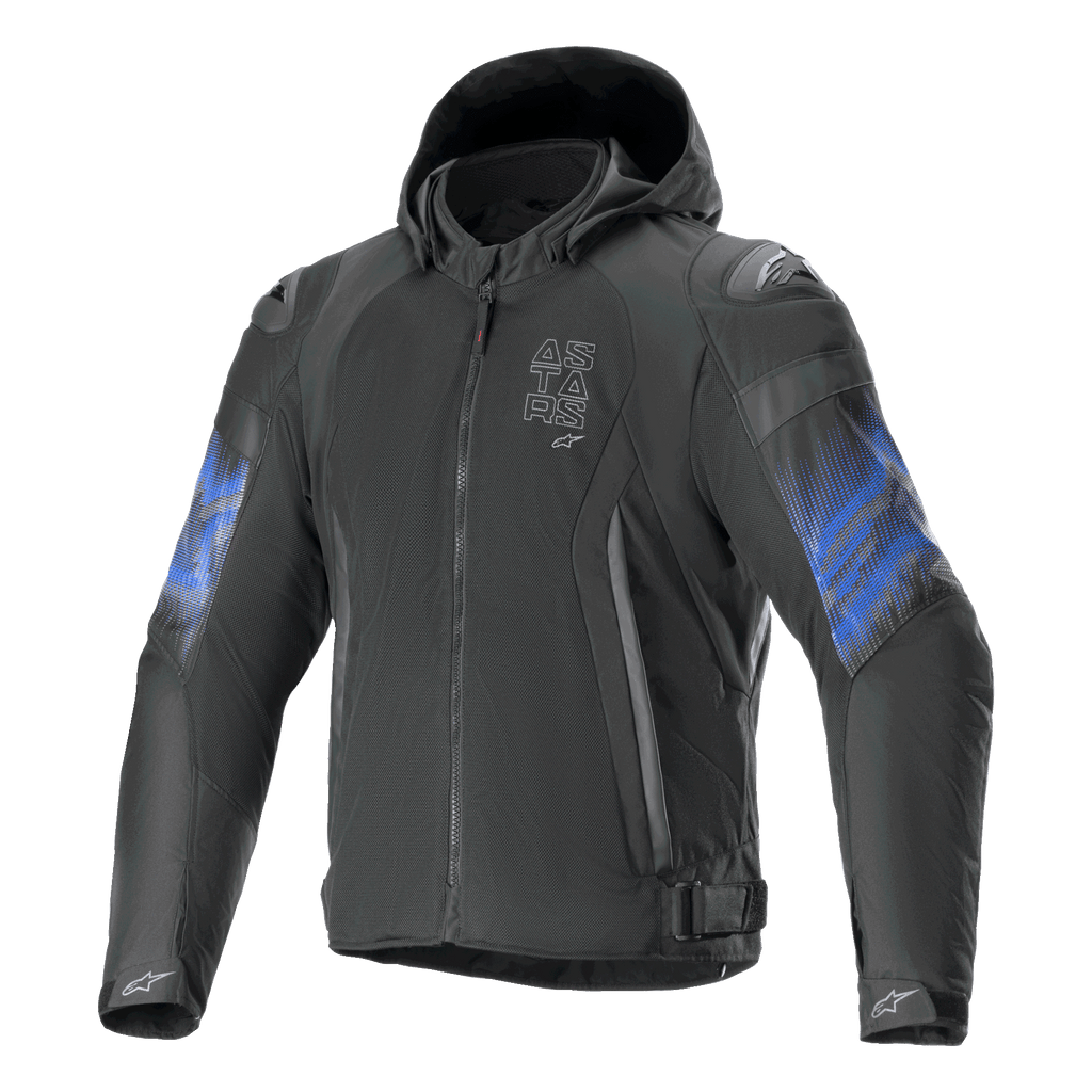 Alpinestars Zaca Air Venom Wasserdicht Jacke, Motorradtextiljacke mit Kapuze, Schwarz und Elektrisch Blau, CE-zertifiziert