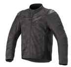 Alpinestars T SP-5 Rideknit® Textile Jacket, Motorcycle Jacket, Black Camo, featuring a dark camouflage pattern, ribbed knitted panels for stretch, external shoulder sliders, high collar, and a streamlined sport fit