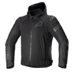 Alpinestars Zaca Air Jacket, Black Textile Motorcycle Jacket, Hooded design with front zipper, 3D mesh panels for breathability, external DFS Lite shoulder sliders, tonal logos on chest and arms, adjustable waist straps, sporty street style