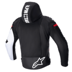 Alpinestars Zaca Air Jacke, Textil-Motorradjacke, Schwarz, Weiß und Rot Fluo, Rückansicht mit abnehmbarer Kapuze mit markantem Branding, großem 3D-Mesh-Rückenpanel zur Belüftung und einem weißen Astars-Logo auf dem unteren Rücken.