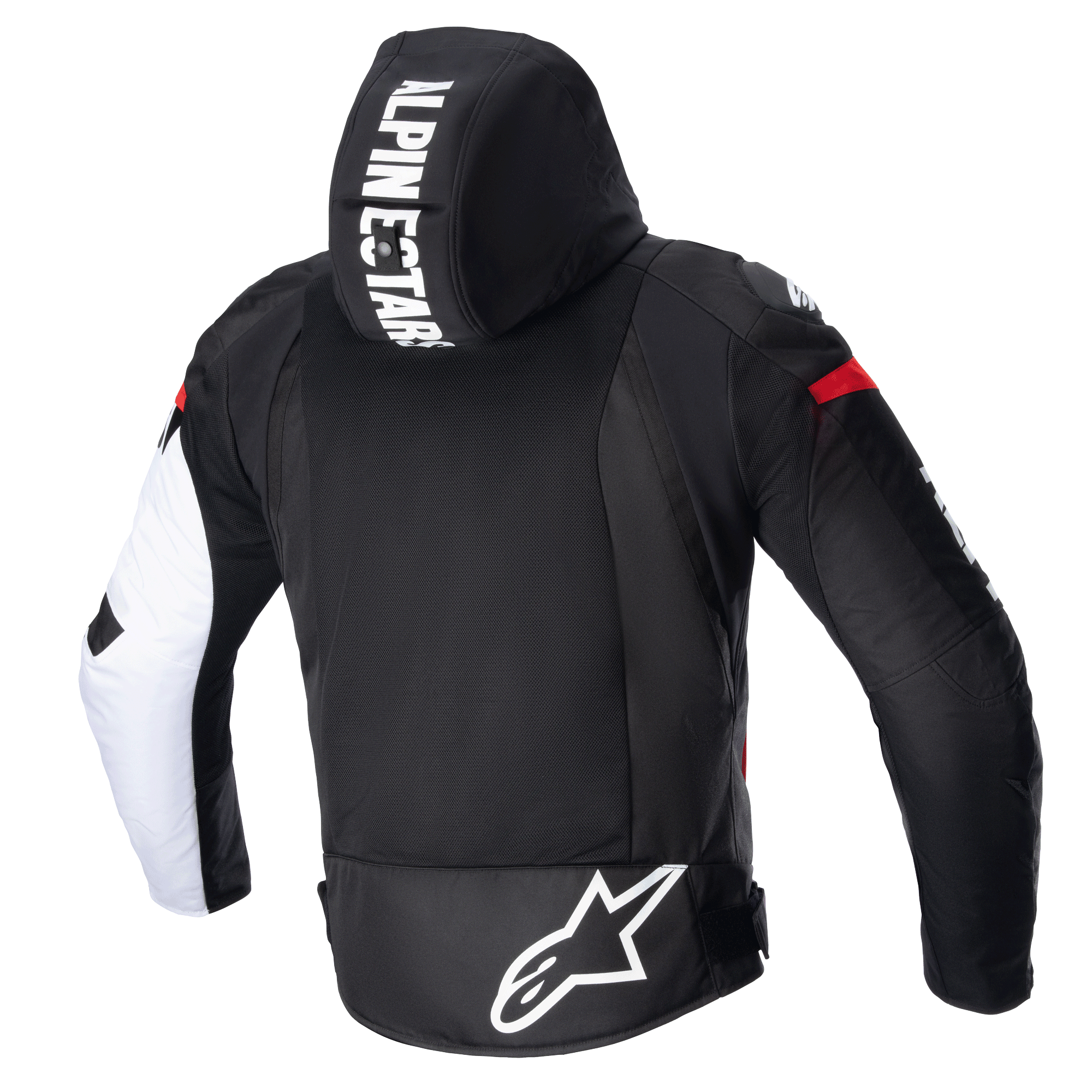 Alpinestars Zaca Air Jacke, Textil-Motorradjacke, Schwarz, Weiß und Rot Fluo, Rückansicht mit abnehmbarer Kapuze mit markantem Branding, großem 3D-Mesh-Rückenpanel zur Belüftung und einem weißen Astars-Logo auf dem unteren Rücken.