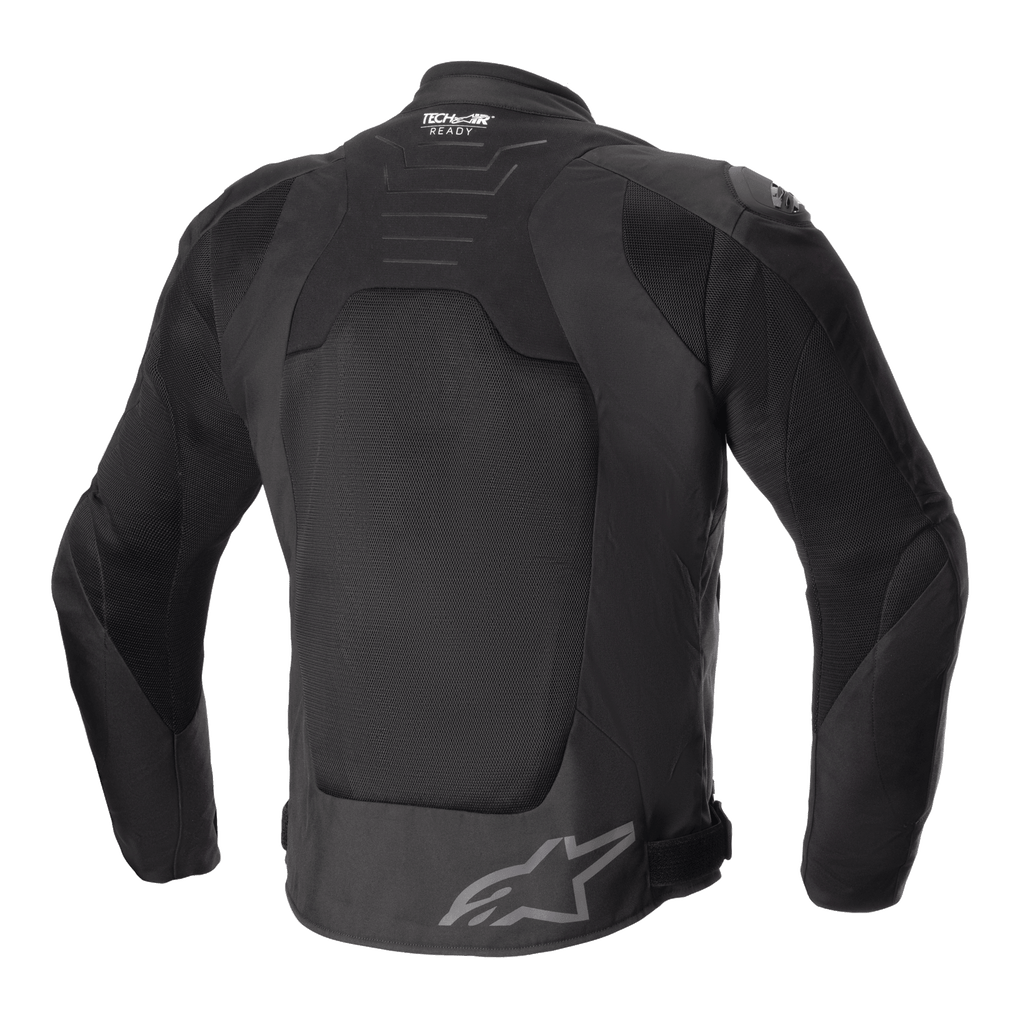 Alpinestars SMX Air Jacket, Black, Back View, featuring large tech mesh panels for ventilation, Tech-Air Ready branding on the upper back, Alpinestars star logo on the lower back, sport-style textile motorcycle jacket.