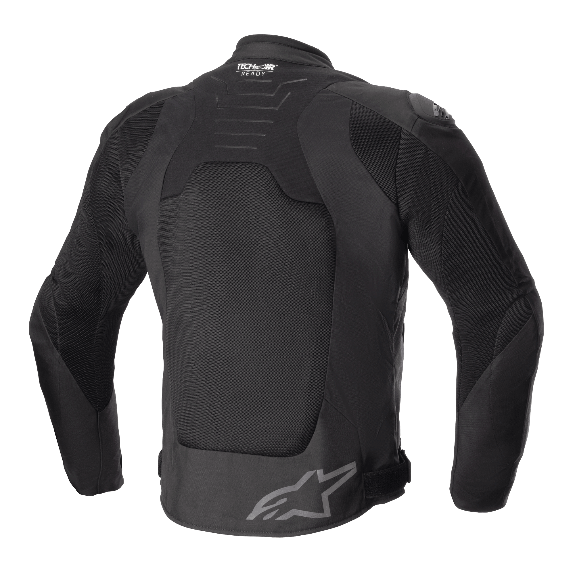 Alpinestars SMX Air Jacket, Black, Back View, featuring large tech mesh panels for ventilation, Tech-Air Ready branding on the upper back, Alpinestars star logo on the lower back, sport-style textile motorcycle jacket.