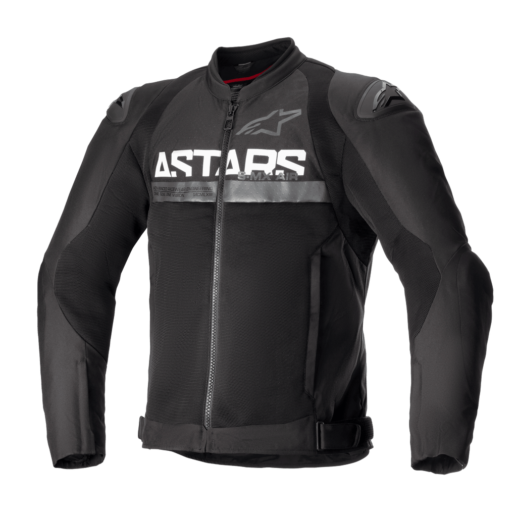 Alpinestars SMX Air Jacket, Black Textile Motorcycle Jacket, featuring mesh ventilation panels, prominent white ASTARS branding on the chest, DFS Lite external shoulder sliders, and a front zipper closure in a fitted racing design.