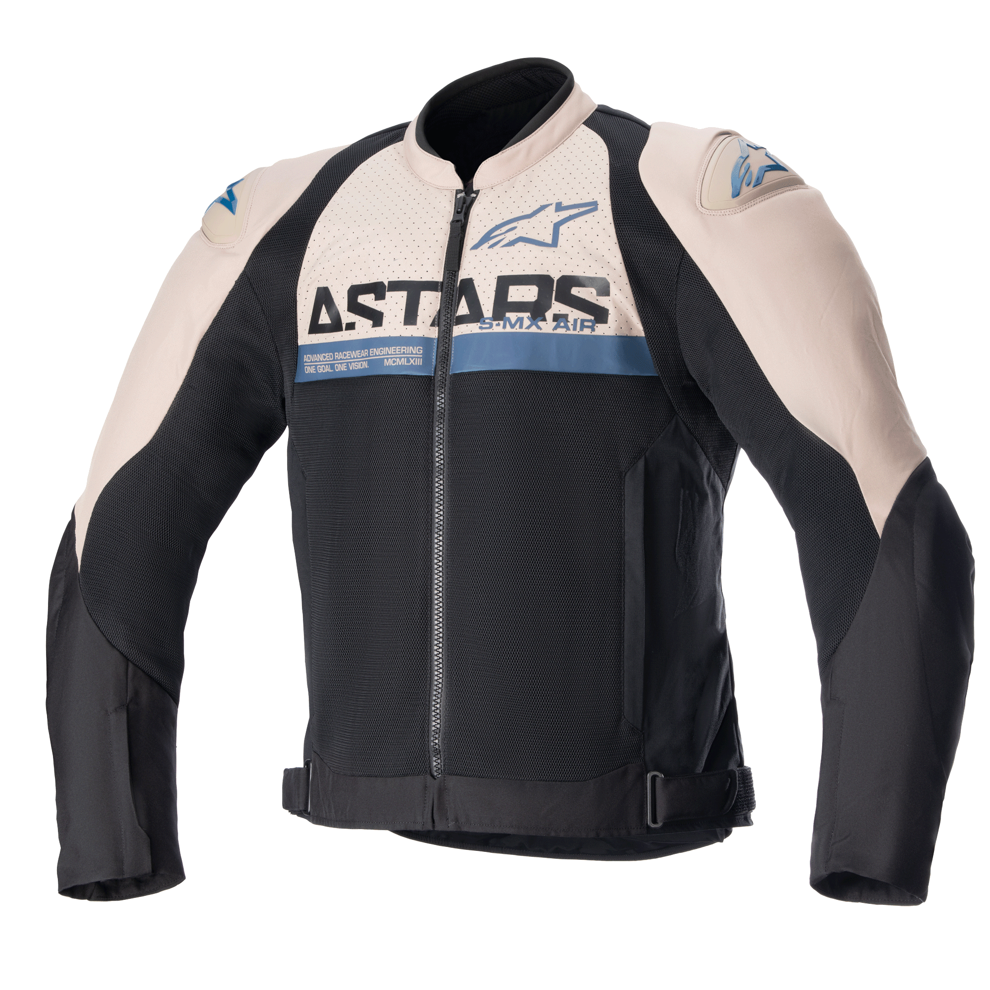 Alpinestars SMX Air Jacket, motorcycle sport jacket, light brown and black with sodalite blue accents, mesh ventilation panels, ASTARS branding on chest, front zip closure, adjustable waist straps, protective shoulder sliders