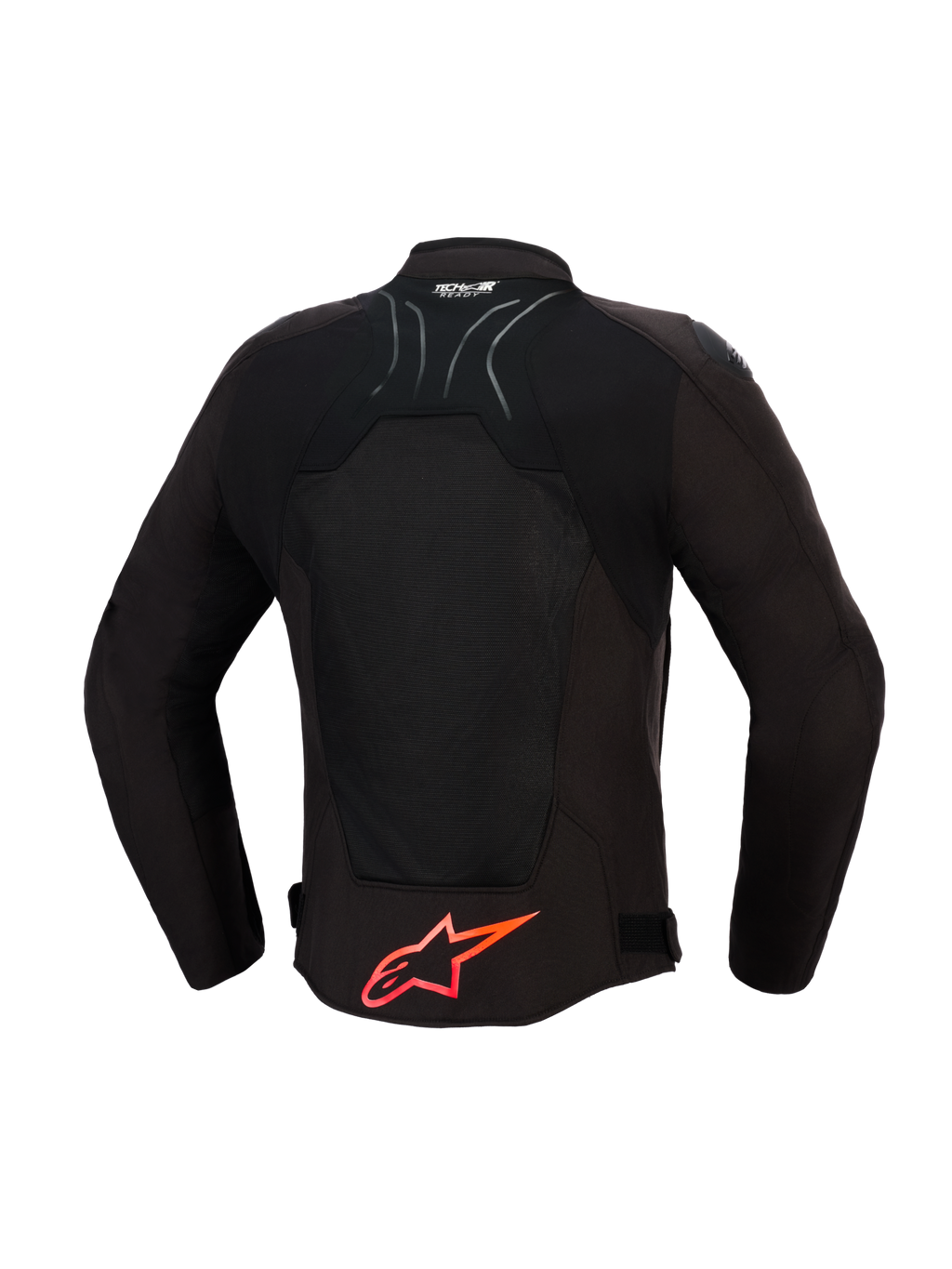 Alpinestars SMX Air Jacke, Motorradjacke, Schwarz mit leuchtend roten Details, Rückansicht mit Tech-Mesh-Einsätzen für Luftzirkulation, großes rotes Alpinestars-Logo am unteren Rücken, Tech-Air Ready-Logo am Kragen, sportliches Design für High-Performance-Fahrten