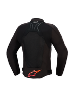 Alpinestars SMX Air Jacke, Motorradjacke, Schwarz mit leuchtend roten Details, Rückansicht mit Tech-Mesh-Einsätzen für Luftzirkulation, großes rotes Alpinestars-Logo am unteren Rücken, Tech-Air Ready-Logo am Kragen, sportliches Design für High-Performance-Fahrten