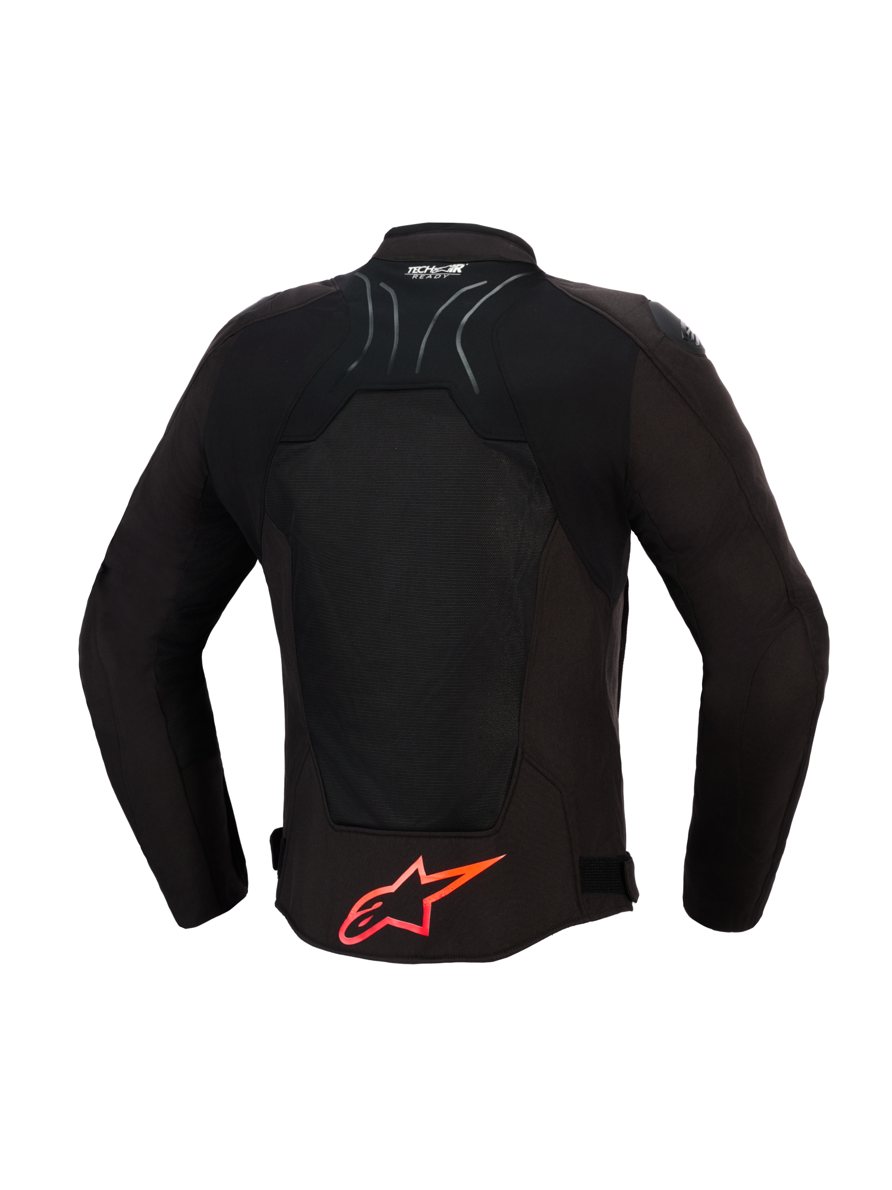 Alpinestars SMX Air Jacke, Motorradjacke, Schwarz mit leuchtend roten Details, Rückansicht mit Tech-Mesh-Einsätzen für Luftzirkulation, großes rotes Alpinestars-Logo am unteren Rücken, Tech-Air Ready-Logo am Kragen, sportliches Design für High-Performance-Fahrten