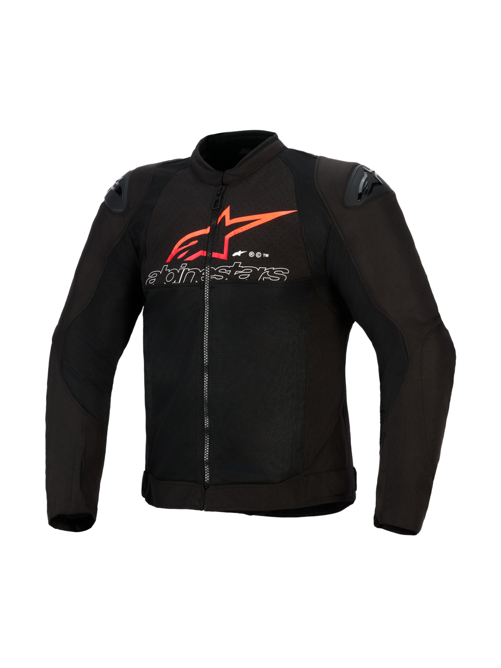 Alpinestars SMX Air Jacke, Motorradjacke, Schwarz mit leuchtend roten und weißen Akzenten, großes rotes Alpinestars Stern-Logo und weiß umrandeter Schriftzug auf der Brust, Mesh-Einsätze mit schwarzen Schulter-Slidern, Performance-Sportbekleidung