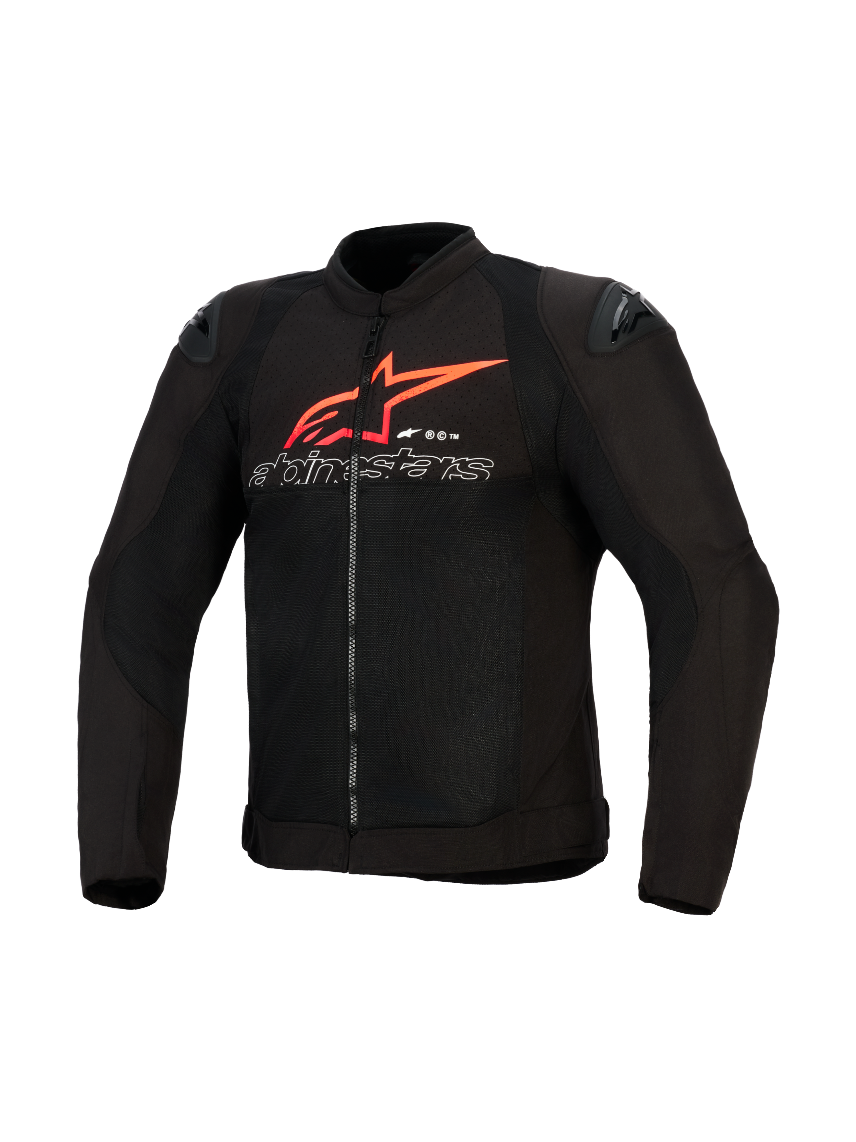 Alpinestars SMX Air Jacke, Motorradjacke, Schwarz mit leuchtend roten und weißen Akzenten, großes rotes Alpinestars Stern-Logo und weiß umrandeter Schriftzug auf der Brust, Mesh-Einsätze mit schwarzen Schulter-Slidern, Performance-Sportbekleidung
