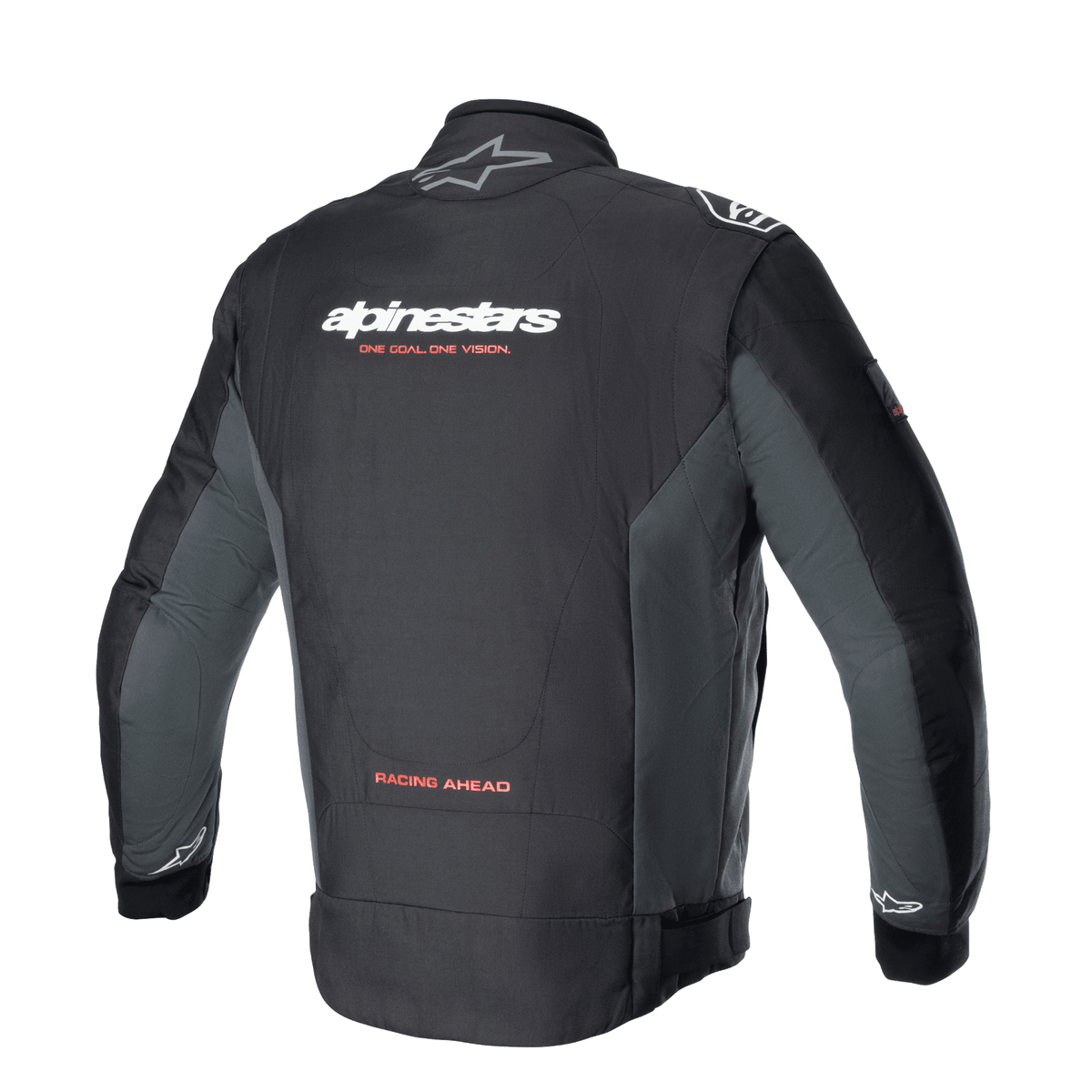 Alpinestars Monza Sport Jacket, Black Tar Gray textile motorcycle jacket shown from the back, featuring white branding with red 'ONE GOAL. ONE VISION.' slogan, gray side panels, and 'RACING AHEAD' text at the lower back
