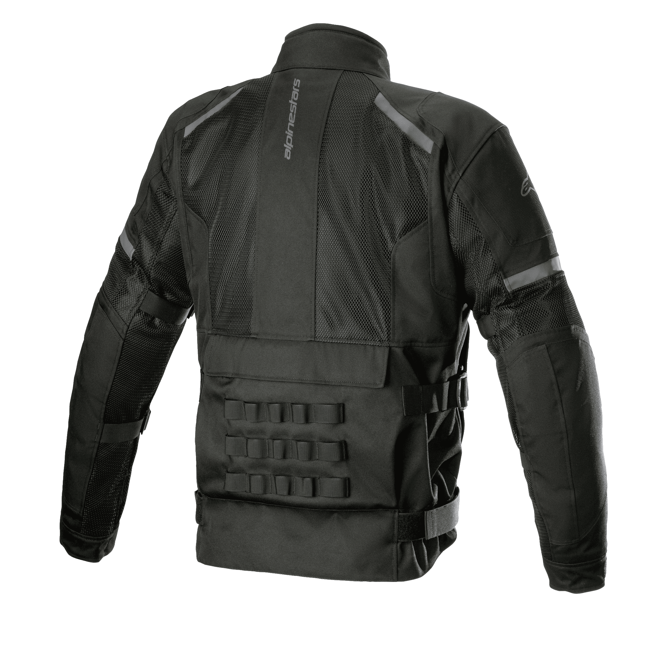 Alpinestars Crosshill Air Wasserdichte Jacke, Schwarz, Rückansicht mit großen Tech-Mesh-Einsätzen, vertikalem Alpinestars-Logo, modularem PALS-Verbindungssystem am unteren Rücken und verstellbaren Taillengurten, strapazierfähige Motorrad-Tourenbekleidung