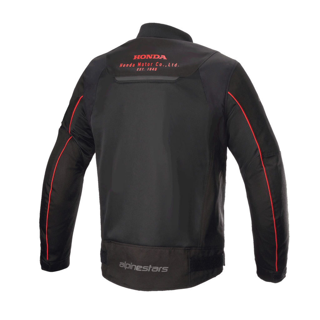 Alpinestars Honda Luc V2 Air Jacke, Schwarz und Rot, Rückansicht mit atmungsaktiven Mesh-Einsätzen, rotem Honda Motor Co. Logo auf dem oberen Rücken, Alpinestars-Branding am unteren Rücken und roter Paspelierung an den Ärmeln, urbane Motorradjacke