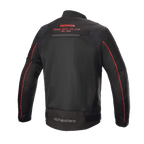 Alpinestars Honda Luc V2 Air Jacke, Schwarz und Rot, Rückansicht mit atmungsaktiven Mesh-Einsätzen, rotem Honda Motor Co. Logo auf dem oberen Rücken, Alpinestars-Branding am unteren Rücken und roter Paspelierung an den Ärmeln, urbane Motorradjacke