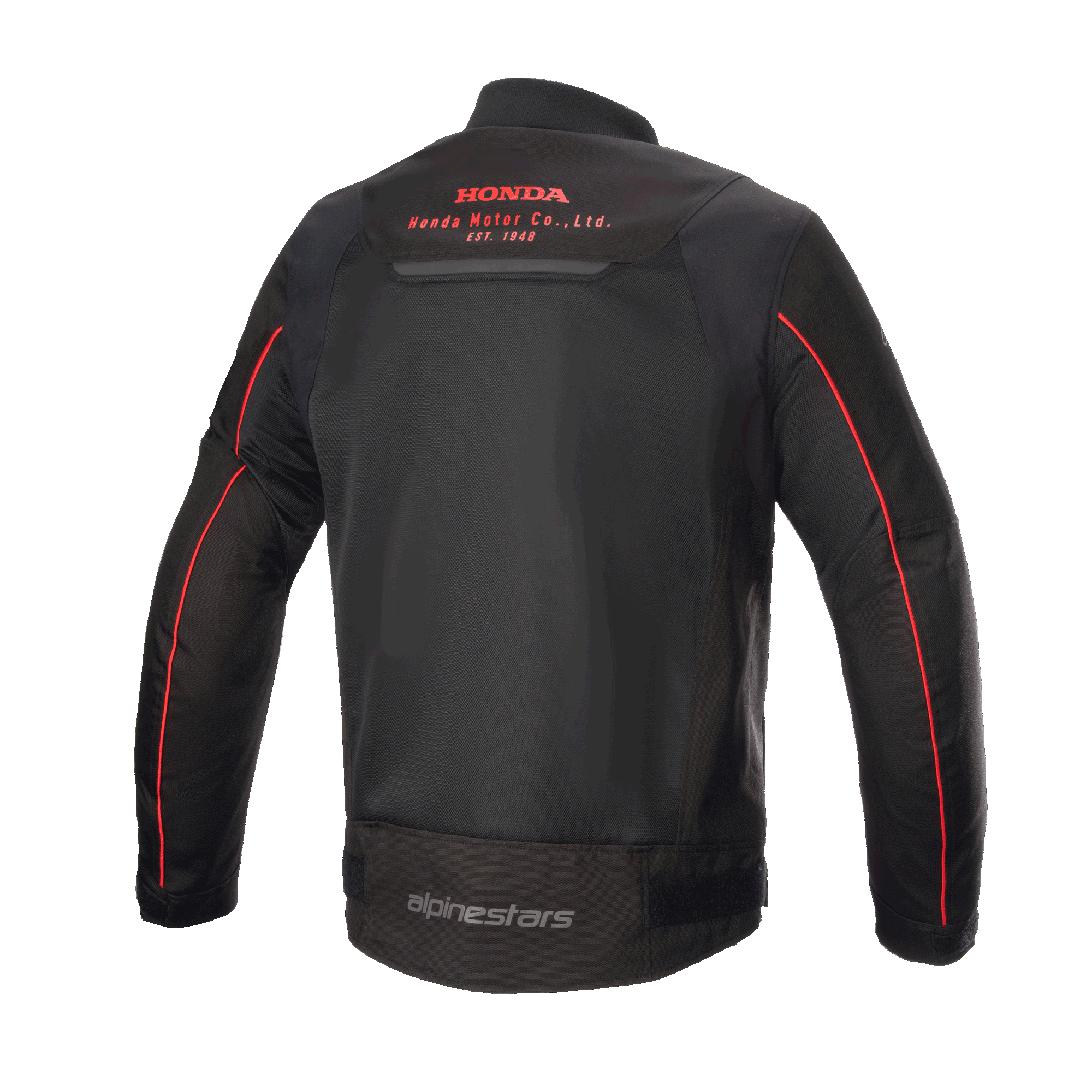Alpinestars Honda Luc V2 Air Jacke, Schwarz und Rot, Rückansicht mit atmungsaktiven Mesh-Einsätzen, rotem Honda Motor Co. Logo auf dem oberen Rücken, Alpinestars-Branding am unteren Rücken und roter Paspelierung an den Ärmeln, urbane Motorradjacke