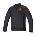 Alpinestars Honda Luc V2 Air Jacke, Schwarze Motorradjacke, Bomber-Stil mit Mesh-Einsätzen, Rotes Honda-Branding auf Brust und Ärmel, Durchgehender Frontreißverschluss, Gerippter Kragen, Verstellbarer Bund und Manschetten, Textilmaterial für urbane Fahrten