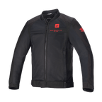 Alpinestars Honda Luc V2 Air Jacke, Schwarze Motorradjacke, Bomber-Stil mit Mesh-Einsätzen, Rotes Honda-Branding auf Brust und Ärmel, Durchgehender Frontreißverschluss, Gerippter Kragen, Verstellbarer Bund und Manschetten, Textilmaterial für urbane Fahrten