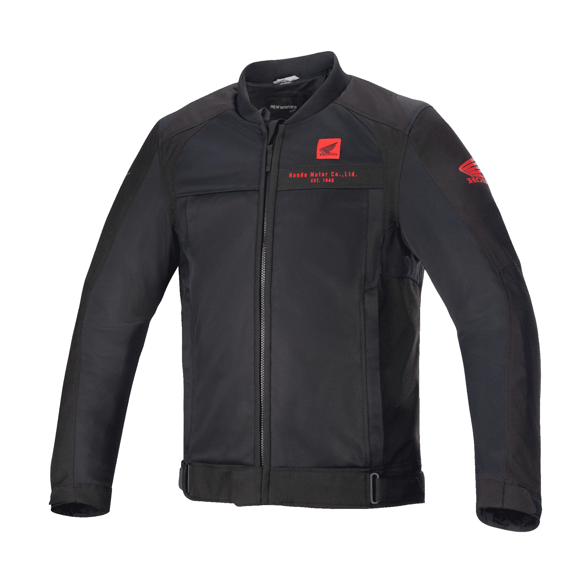Alpinestars Honda Luc V2 Air Jacke, Schwarze Motorradjacke, Bomber-Stil mit Mesh-Einsätzen, Rotes Honda-Branding auf Brust und Ärmel, Durchgehender Frontreißverschluss, Gerippter Kragen, Verstellbarer Bund und Manschetten, Textilmaterial für urbane Fahrten
