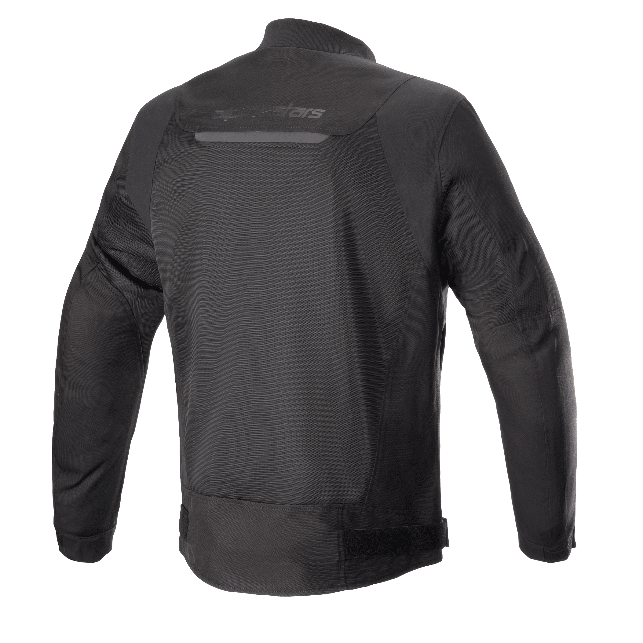 Alpinestars Luc V2 Air Jacke, Schwarz, Rückansicht einer Motorradjacke im urbanen Bomber-Stil mit großflächigen Mesh-Einsätzen für optimale Belüftung, Reflexstreifen am oberen Rücken und verstellbaren Taillenriemen