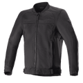 Alpinestars Luc V2 Air Jacke, schwarze Motorradjacke im Bomber-Stil mit Frontreißverschluss und Rippkragen, verstellbare Taillenriemen, Mesh-Einsätze zur Belüftung, dezentes Branding auf Brust und Ärmel, strapazierfähiges Textilgewebe für urbane Fahrten