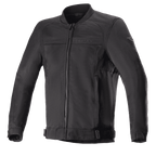 Alpinestars Luc V2 Air Jacke, schwarze Motorradjacke im Bomber-Stil mit Frontreißverschluss und Rippkragen, verstellbare Taillenriemen, Mesh-Einsätze zur Belüftung, dezentes Branding auf Brust und Ärmel, strapazierfähiges Textilgewebe für urbane Fahrten