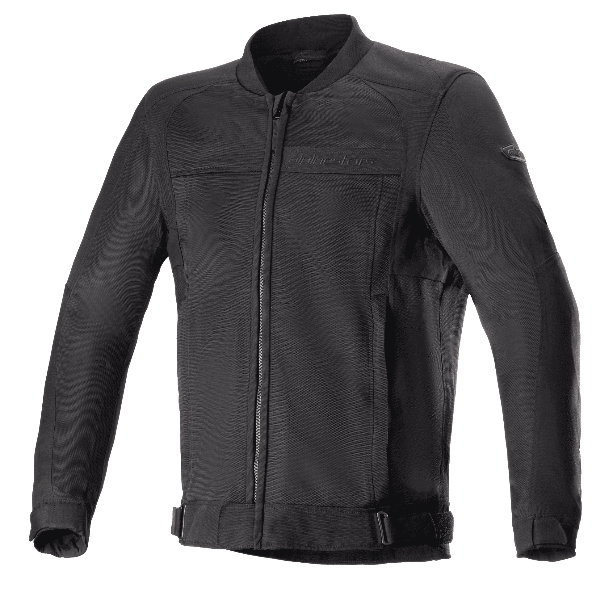 Alpinestars Luc V2 Air Jacke, schwarze Motorradjacke im Bomber-Stil mit Frontreißverschluss und Rippkragen, verstellbare Taillenriemen, Mesh-Einsätze zur Belüftung, dezentes Branding auf Brust und Ärmel, strapazierfähiges Textilgewebe für urbane Fahrten
