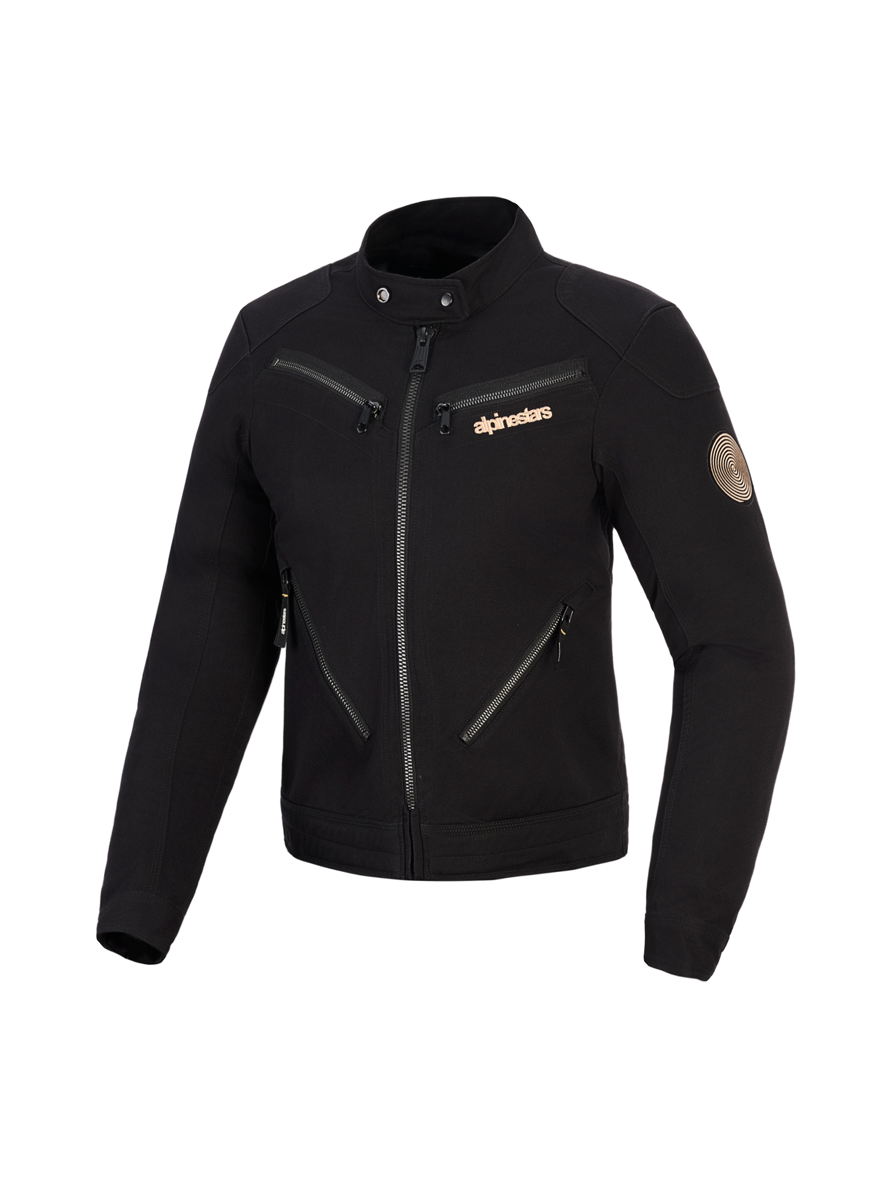 Alpinestars Stella Grace Jacke, Motorradjacke für Damen, Schwarz, urbanes, von Workwear inspiriertes Design mit mehreren Front-Reißverschlüssen, Kragen mit Druckknopf, kupferfarbenem Alpinestars-Logo und Vintage-Spiral-Aufnäher am Ärmel.
