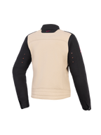 Alpinestars Woman Stella Grace Jacke, Motorradjacke für Damen, Aluminum Black, Rückansicht, Textilkonstruktion mit beigefarbenem Torso, schwarzen Ärmeln und einem kleinen rosa Logo am Kragen.