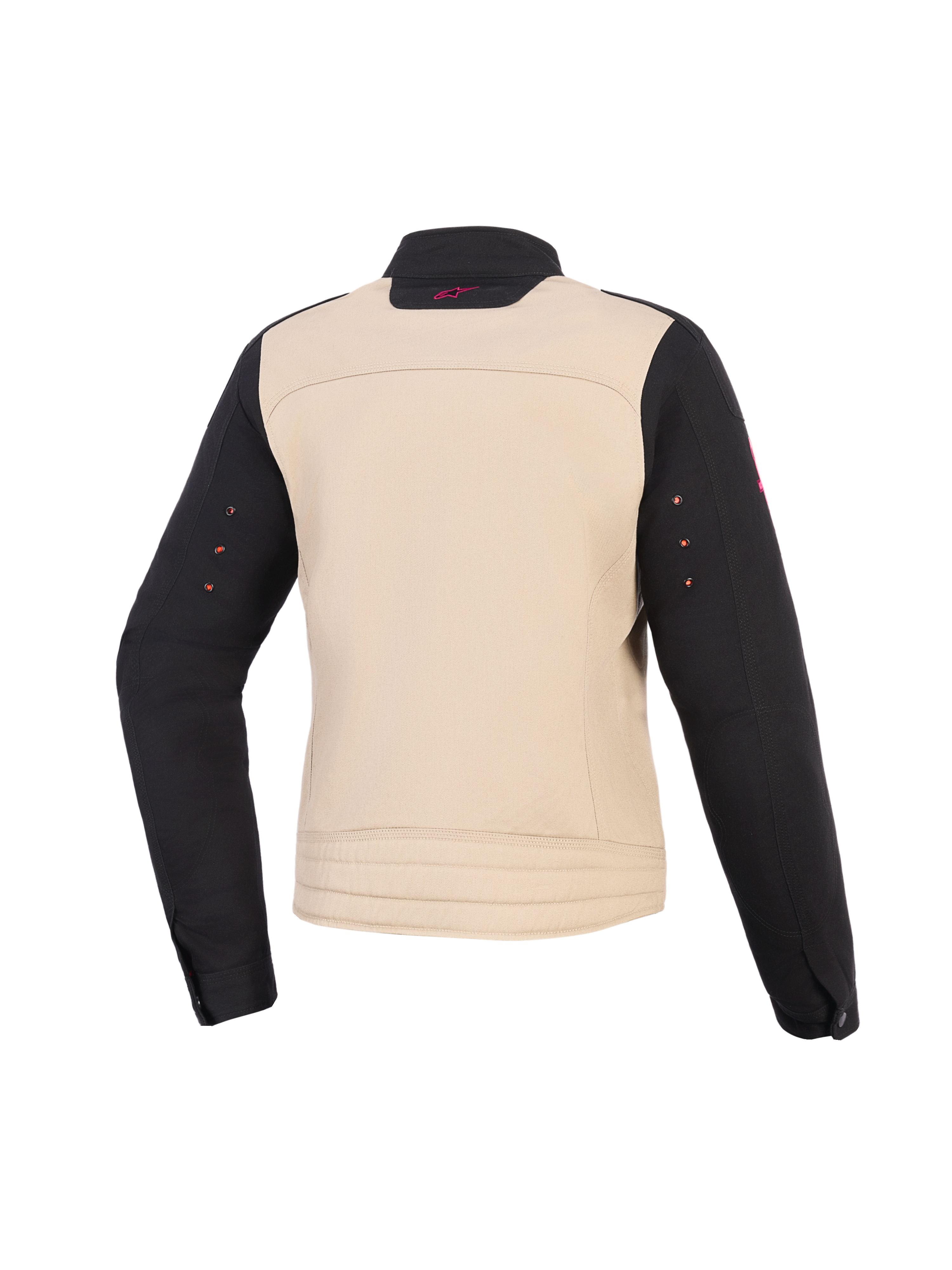 Alpinestars Woman Stella Grace Jacke, Motorradjacke für Damen, Aluminum Black, Rückansicht, Textilkonstruktion mit beigefarbenem Torso, schwarzen Ärmeln und einem kleinen rosa Logo am Kragen.