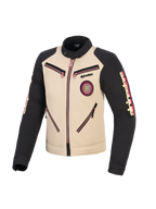 Alpinestars Stella Grace Jacke, Motorradjacke für Damen, Aluminium und Schwarz mit pinken Reißverschluss-Akzenten, Vorderansicht mit urbanem, von Workwear inspiriertem Design, Spiral-Oscar-Patch auf der Brust, Alpinestars-Branding auf den Ärmeln.
